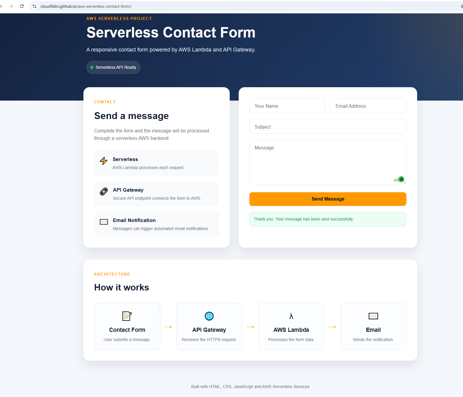 AWS Serverless Contact Form screenshot
