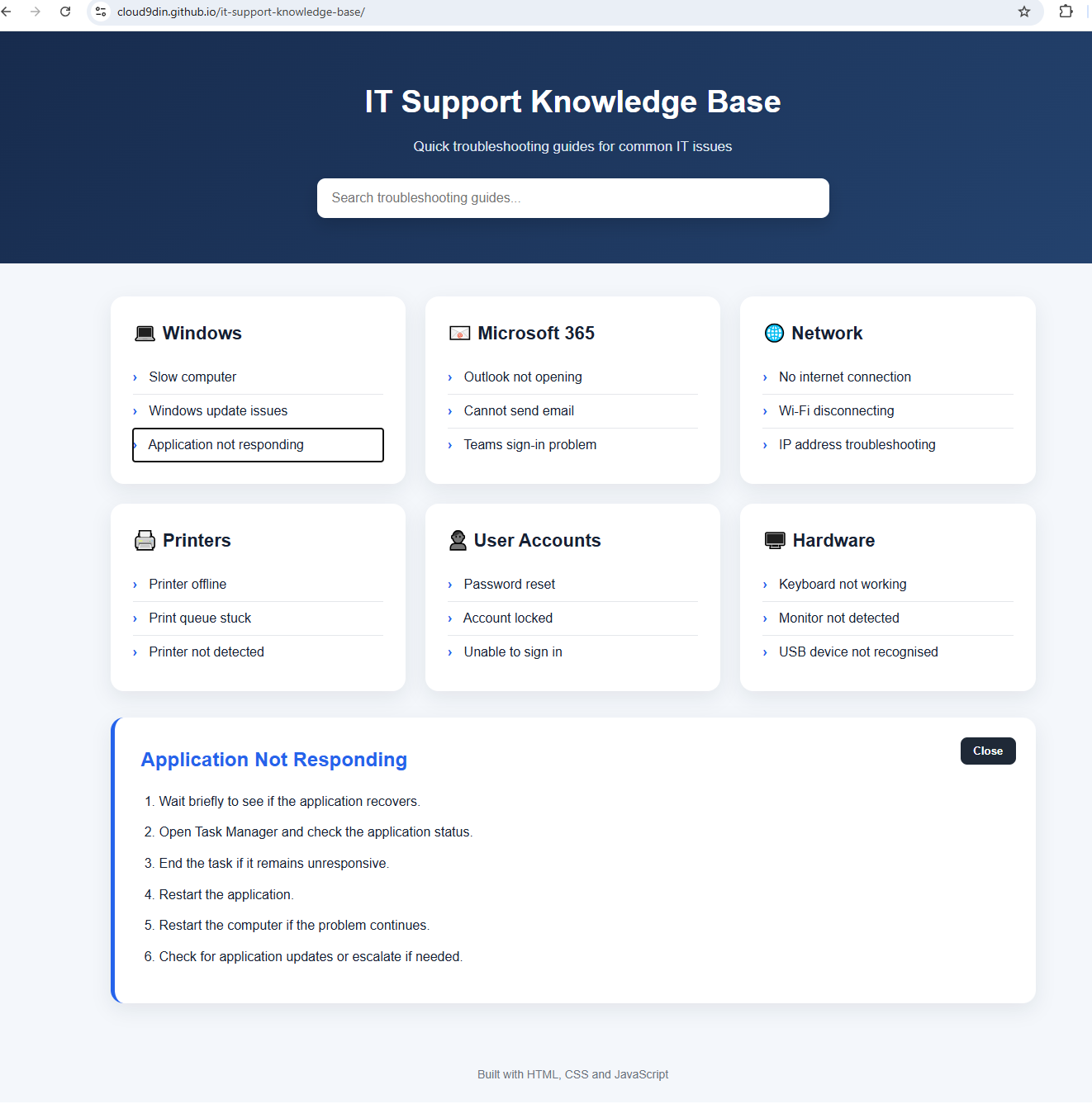 IT Support Knowledge Base screenshot