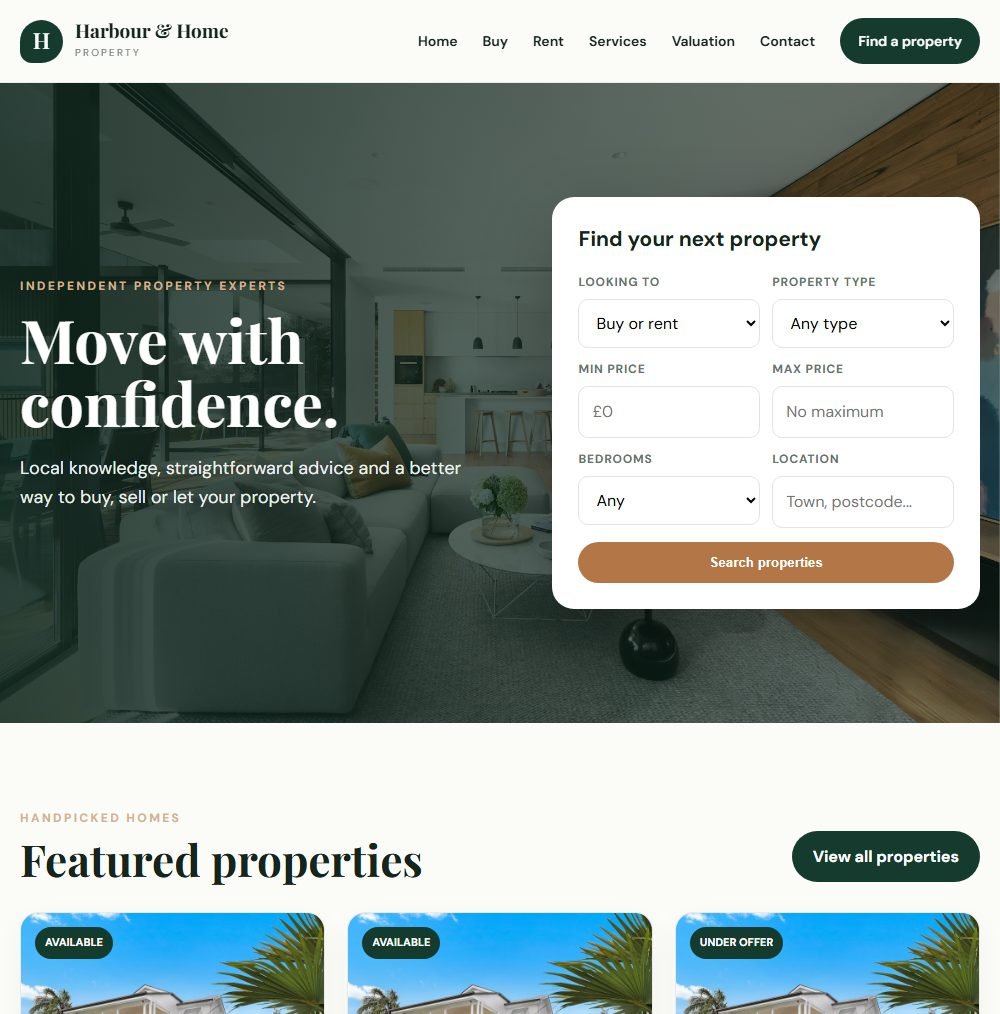 Harbour & Home estate agency website screenshot