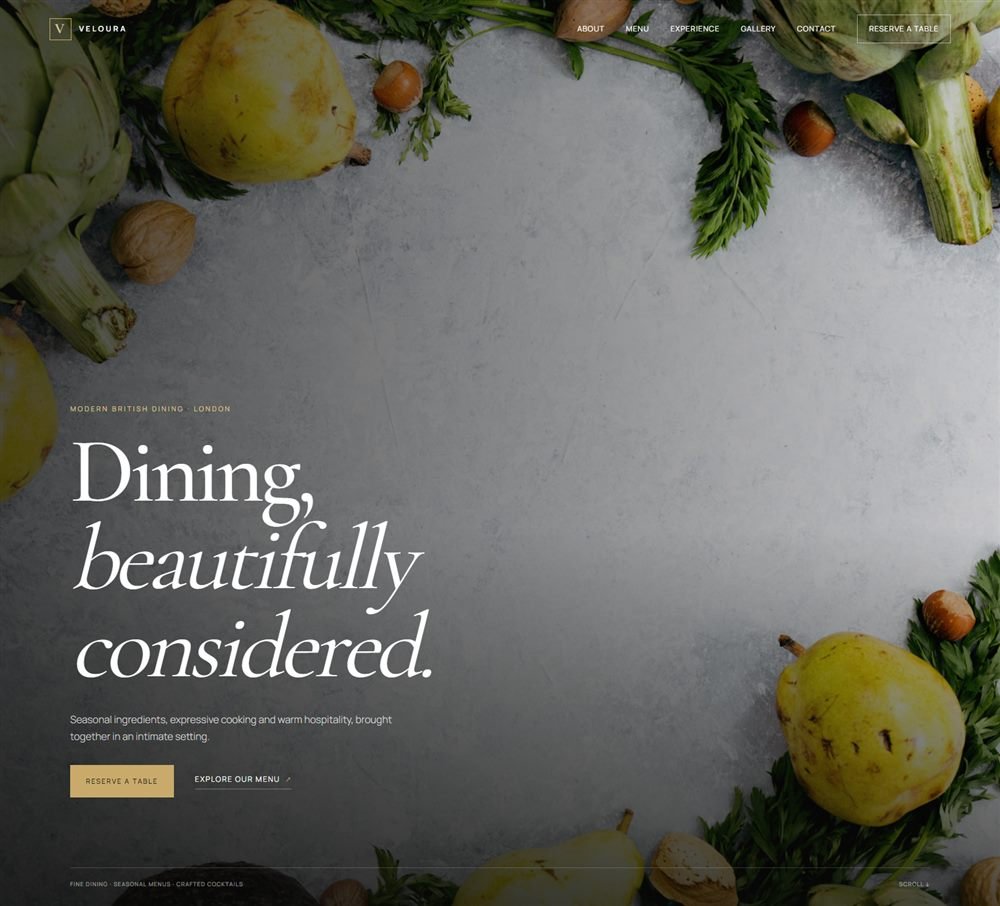 Veloura fine dining restaurant website screenshot